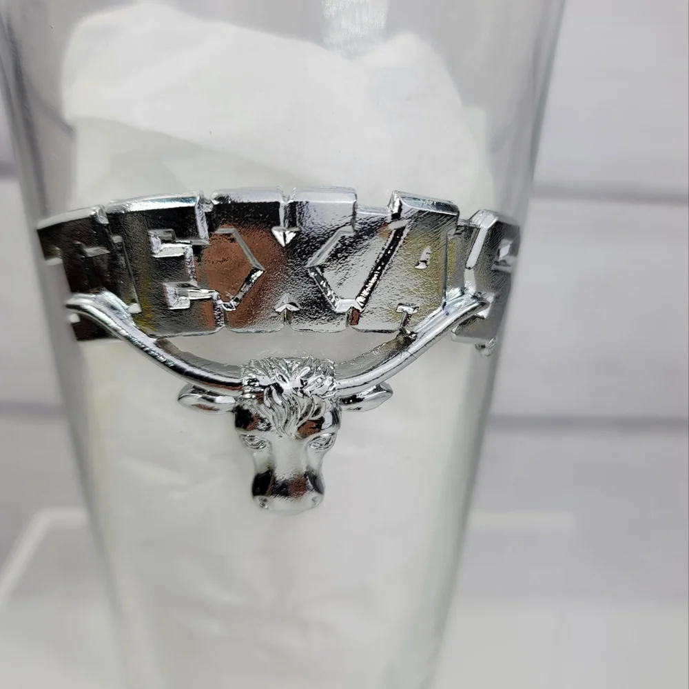 Texas Longhorn Bull Glass Pint Beer Mug with Silver Metal Accent.